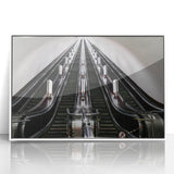 Art deco style poster of a vintage subway, in muted sepia tones, framed in white acrylic.