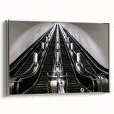 Framed canvas depicting a vintage subway landscape in black with colorful accents, ideal for office decor.