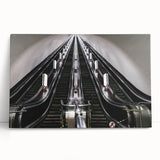 Black and white photo of a subway train on stretched canvas, ideal for kitchen wall art or bedroom decor.