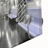 Mid-century modernist acrylic print of abstract subway design in cool blues and greys, ideal for dining room art.