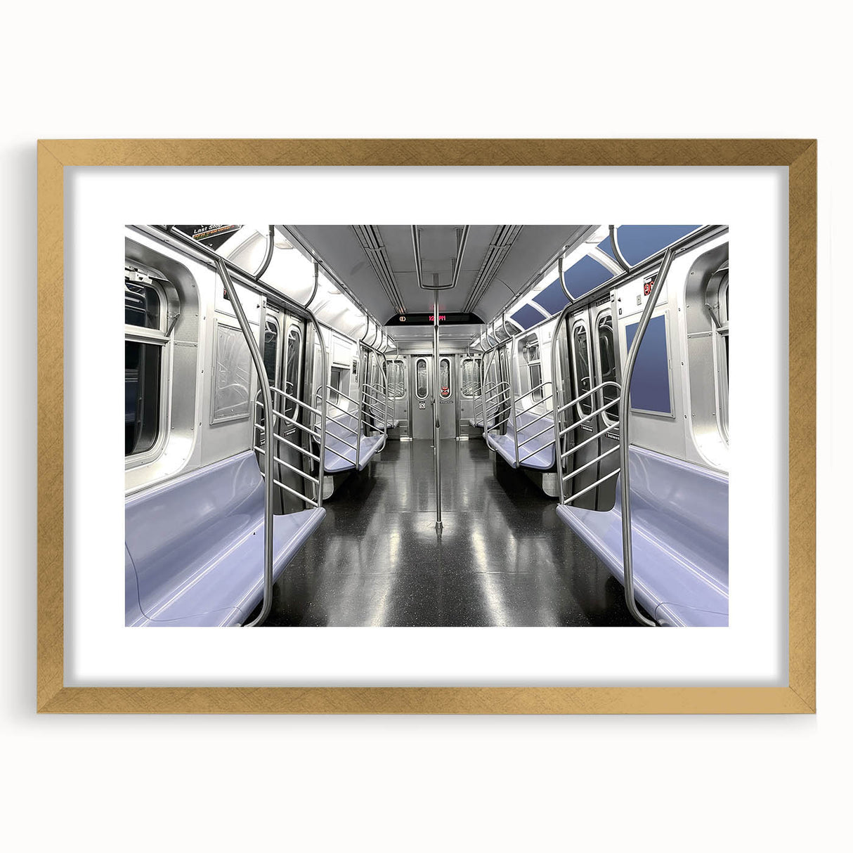 Extra large abstract art print featuring a textured subway design in muted grays and golds, framed in gold.