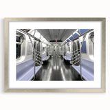 Abstract textured art print of a subway in muted grays and blues, framed in silver, suitable for bedroom wall decor.