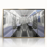 Mid-century modernist subway art in gold frame, vibrant colors on acrylic, ideal for modern art wall decor.