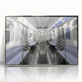 Mid-century modernist art deco poster featuring a colorful subway scene on silver-framed acrylic.