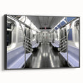 Black and white vintage poster art of a subway landscape on a framed canvas, suitable for bedroom decor.