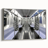 Framed canvas of a vintage subway landscape in black with colorful art accents, ideal for office decor.
