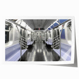 Extra large rolled print of a subway in motion, depicted in sharp grayscale, ideal for art wall dining room.