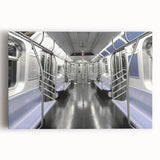 Black and white photo of a subway train on stretched canvas, ideal for kitchen wall art.