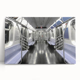Black and white photo of a subway train on stretched canvas, ideal for kitchen wall art or bedroom.