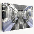 Subway train in motion depicted in vibrant colors on a large stretched canvas, suitable for kitchen wall art.