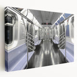 Subway train in motion depicted in vibrant colors on a large stretched canvas, suitable for kitchen wall art.