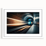 Abstract art print of a subway in muted gray and blue tones on a framed white mat.