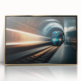 Mid-century modernist subway art in gold frame, featuring muted gray and blue tones, ideal for nursery wall decor.