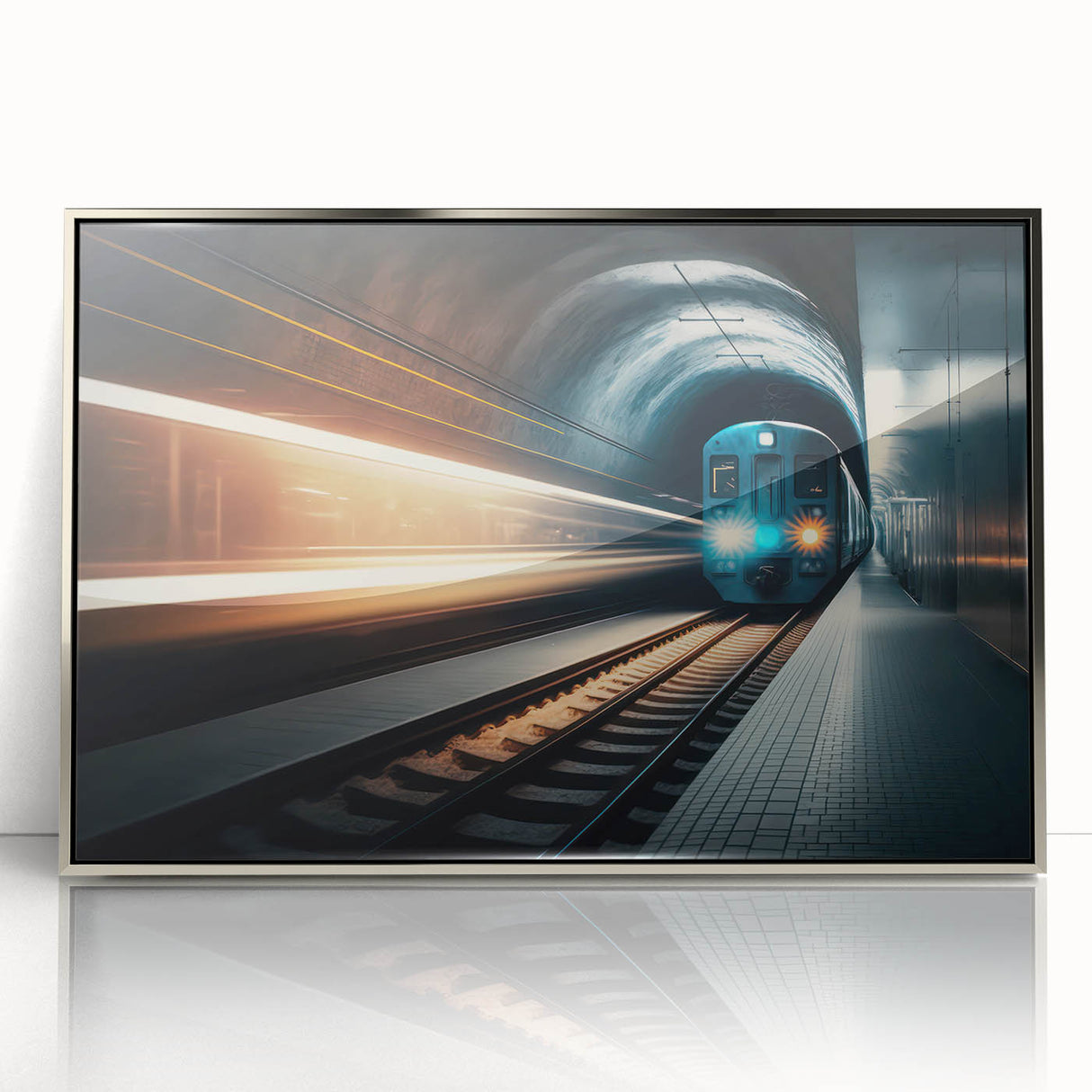 Mid-century modernist art depicting a subway scene in muted grays and blues on a framed acrylic.