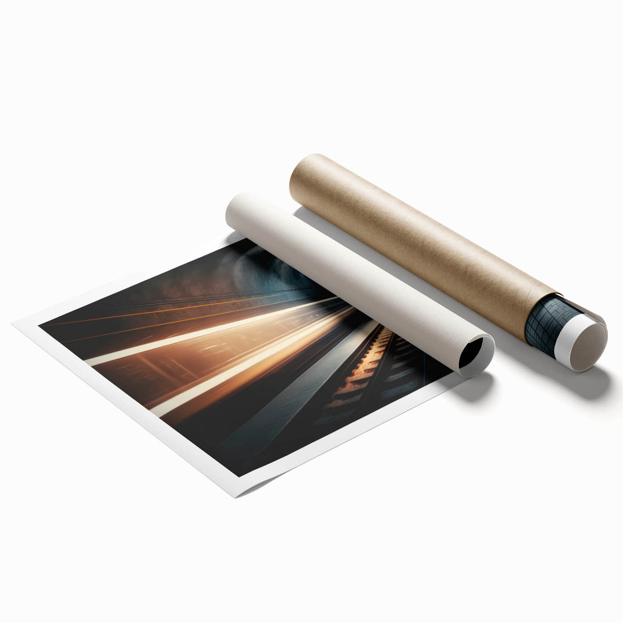 Extra large rolled print depicting a subway station scene, rendered in muted gray and blue tones.