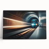 Black and white photo of a subway train on a stretched canvas, suitable as large kitchen wall art or for bedroom decor.