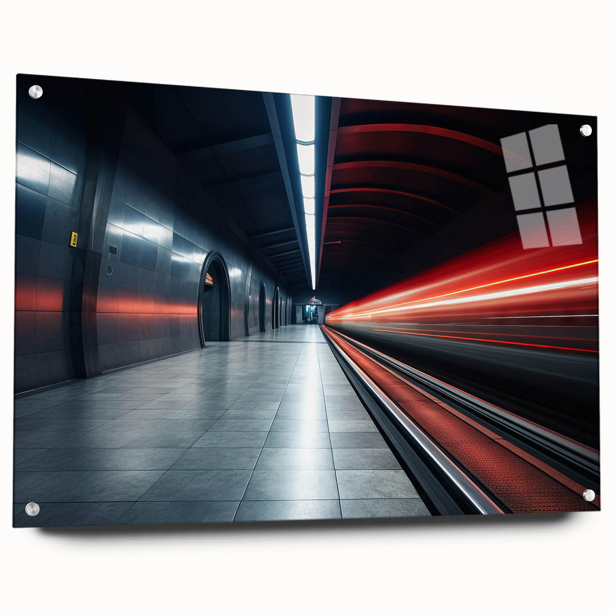 Side view of a large abstract subway-themed acrylic print in grayscale, ideal for modern dining room decor.