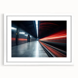Abstract art print of a subway in muted gray and blue tones, framed with a white mat.