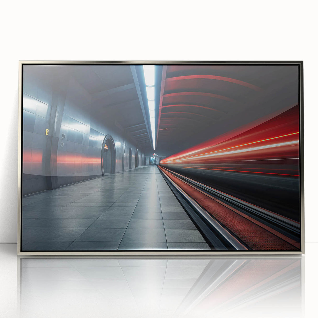 Mid-century modernist art deco poster of a subway, in muted metallic tones, framed in silver acrylic.