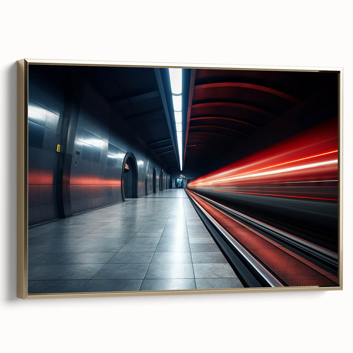 Framed canvas featuring a vintage poster of a subway landscape in black and gold tones, suitable for bedroom wall decor.