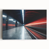 Black and white photo of a subway train on stretched canvas, ideal for kitchen wall art.