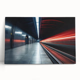 Black and white photo of a subway train on stretched canvas, suitable as large kitchen wall art or for a bedroom.