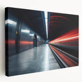 Side view of a large stretched canvas featuring a detailed subway train in muted metallic tones.