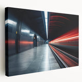 Side view of a large stretched canvas featuring a detailed subway train in muted metallic tones.