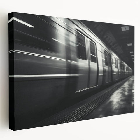 Subway train in motion depicted in a grayscale stretched canvas, suitable for kitchen wall art.