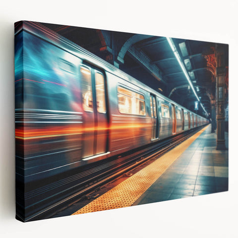 Subway-themed stretched canvas with muted grays and vibrant reds, ideal for kitchen wall art.