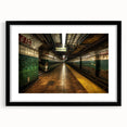 Abstract art print of a colorful subway scene on a black-framed, extra large canvas, ideal for living room decor.
