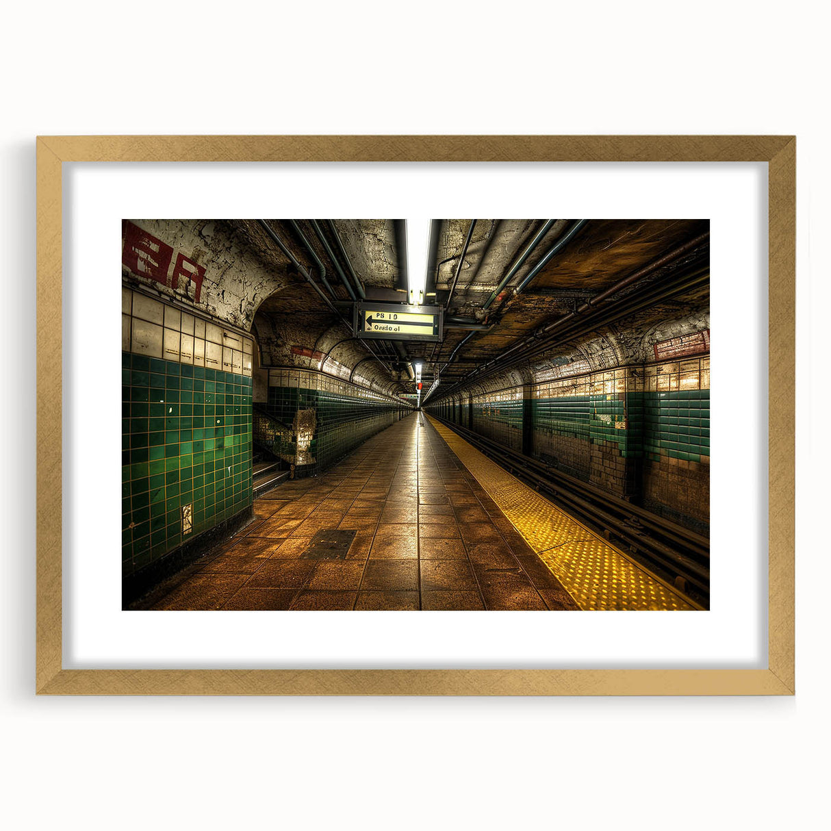 Extra large abstract art print of a subway in textured hues of gray and black on a gold-framed canvas.