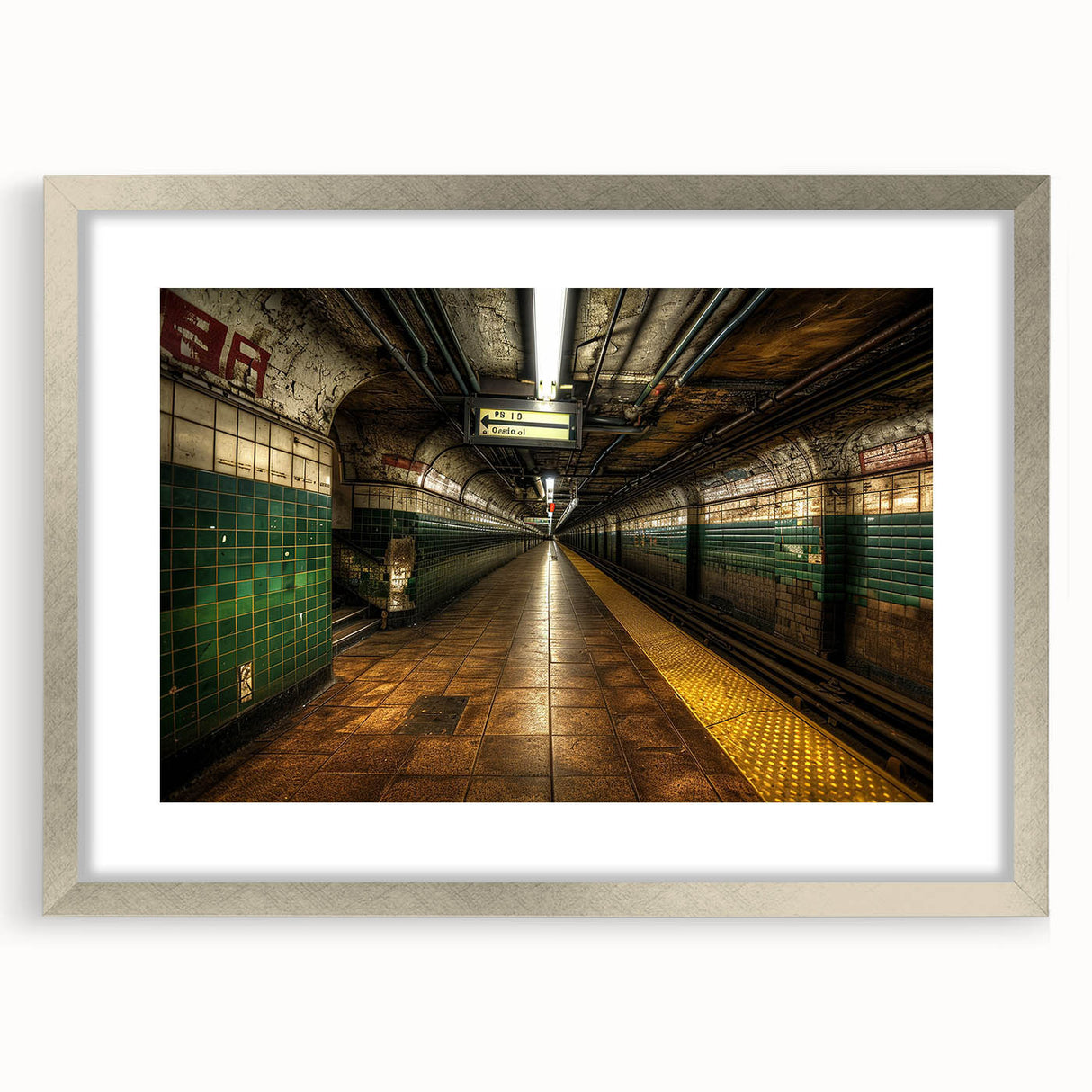 Textured abstract art print of a subway in muted grays and blues, framed in silver, suitable for bedroom decor.