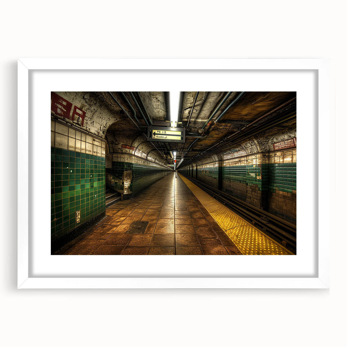 Abstract art print of a subway in muted gray and blue tones, framed with a white mat, suitable for dining room decor.