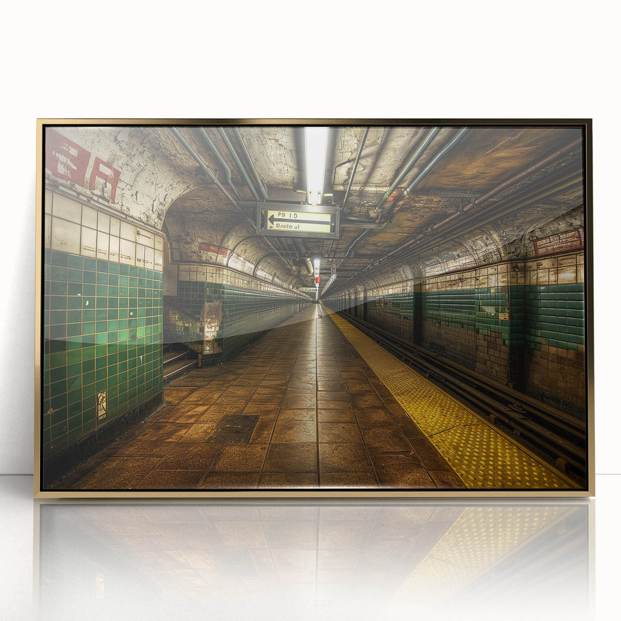 Mid-century modernist subway design in muted gray and gold tones, framed acrylic print, ideal for modern art wall decor.