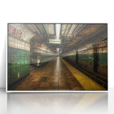 Art deco poster of a subway in muted gray and blue tones, acrylic print framed in white, suitable for modern art wall decor.
