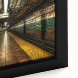 Extra large framed canvas depicting a black subway train in a colorful, textured style, ideal for living room decor.