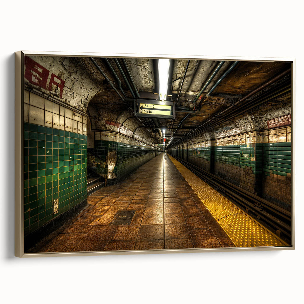 Framed canvas wall art featuring a vintage black and white subway landscape, ideal for bedroom decor.