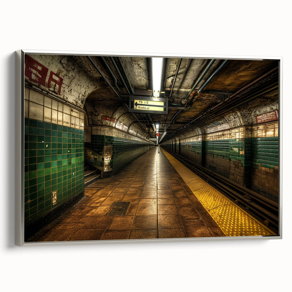 Framed canvas featuring a vintage subway landscape in black with colorful accents, ideal for office or study room decor.