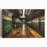 Black and white photo of a subway train on stretched canvas, ideal for kitchen wall art.