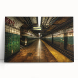 Black and white photograph of a subway train on a stretched canvas, ideal for kitchen wall art or bedroom decor.
