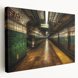 Subway train in motion on a stretched canvas, featuring gray and metallic tones, ideal for kitchen wall art.
