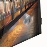 Mid-century modernist subway design in muted earth tones on a large acrylic print, ideal for dining room art.