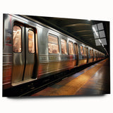 Large abstract wall art of a subway in motion on acrylic glass, with a blurred gray and blue palette.