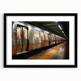 Extra large abstract art print of a colorful, textured subway scene, in a black frame, ideal for living room decor.