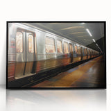 Large abstract wall art featuring a subway scene in muted gray and blue tones, framed in black acrylic.