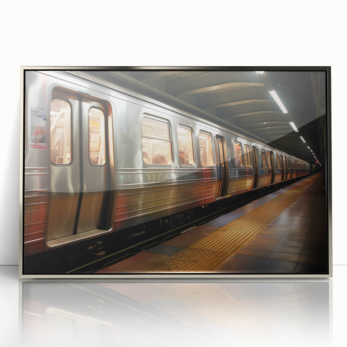 Mid-century modernist art depicting a silver subway train on acrylic print, suited for modern art wall decor.