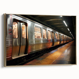 Framed canvas of a vintage subway landscape in black and gold tones, ideal for bedroom wall art.
