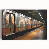 Black and white photograph of a subway train on stretched canvas, suited for kitchen wall art.