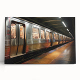 Black and white photo of a subway train on stretched canvas, suitable as large kitchen or bedroom wall art.